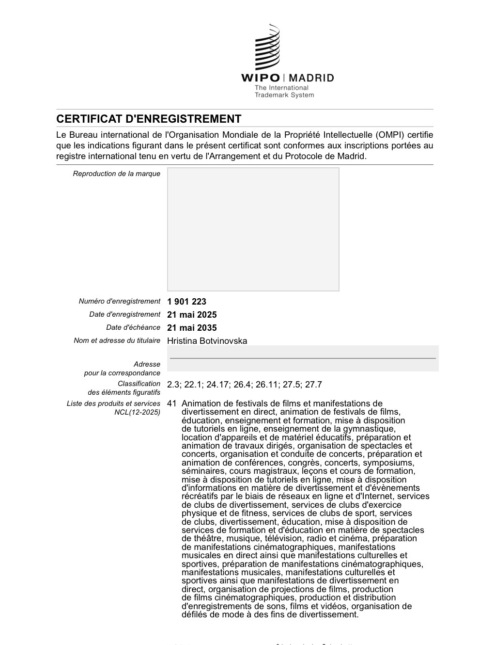 Certificate No. 1 901 223